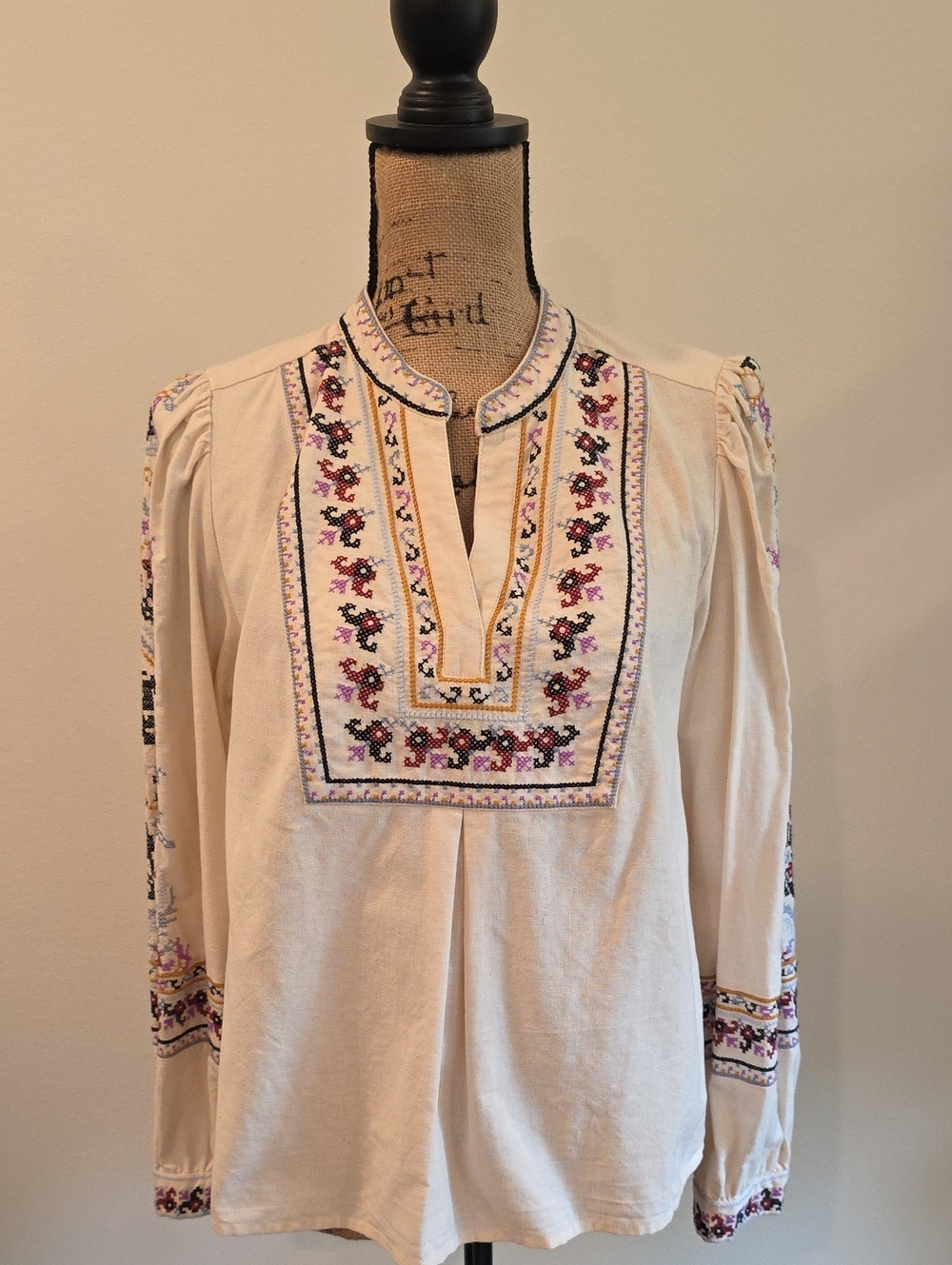ba&sh Cream Peasant Tunic with Pink, Purple and Black Embroidery